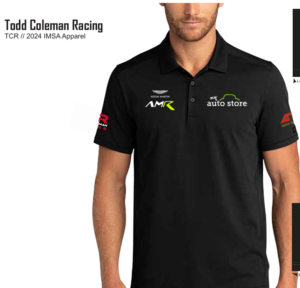 Black polo featuring AMR Austin Martin Racing logo in lime green and white on right breast, My Auto Store logo on left breast and upper right back, with ATR and TCR logos on sleeves.
