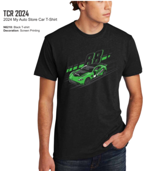 "Black T-shirt with Austin Martin race car number 88 in lime green on the front, My Auto Store logo on back top.